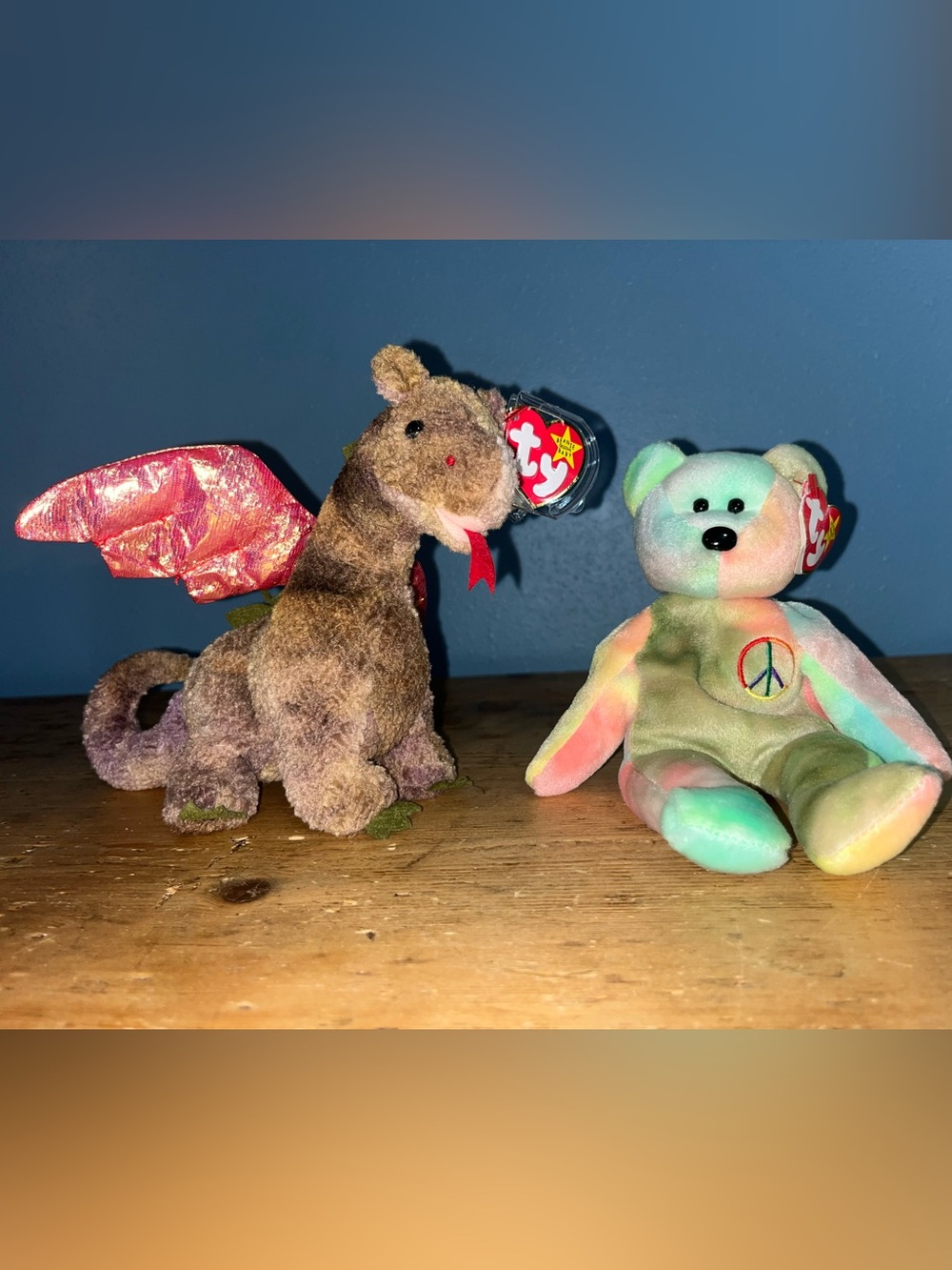 Ty Tie-Dye Peace Bear Plush in Pastel Rainbow & Scorch dragon. With tags
